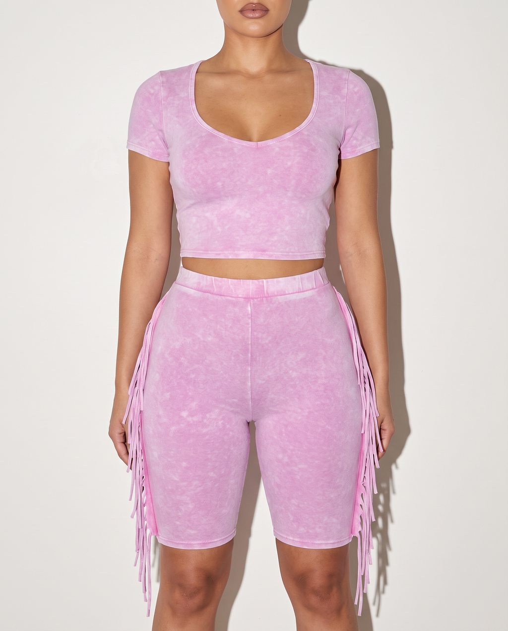 Mineral Washed Fringe Biker Set in Pink — front view
