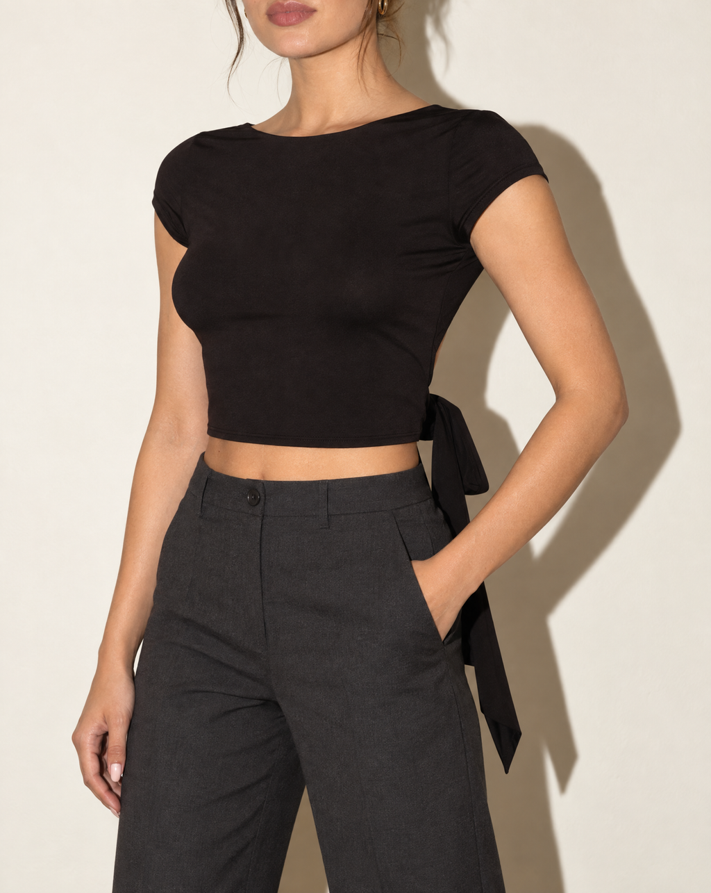 Open & Tied Back Cap Sleeve Top in Black — alternate front view