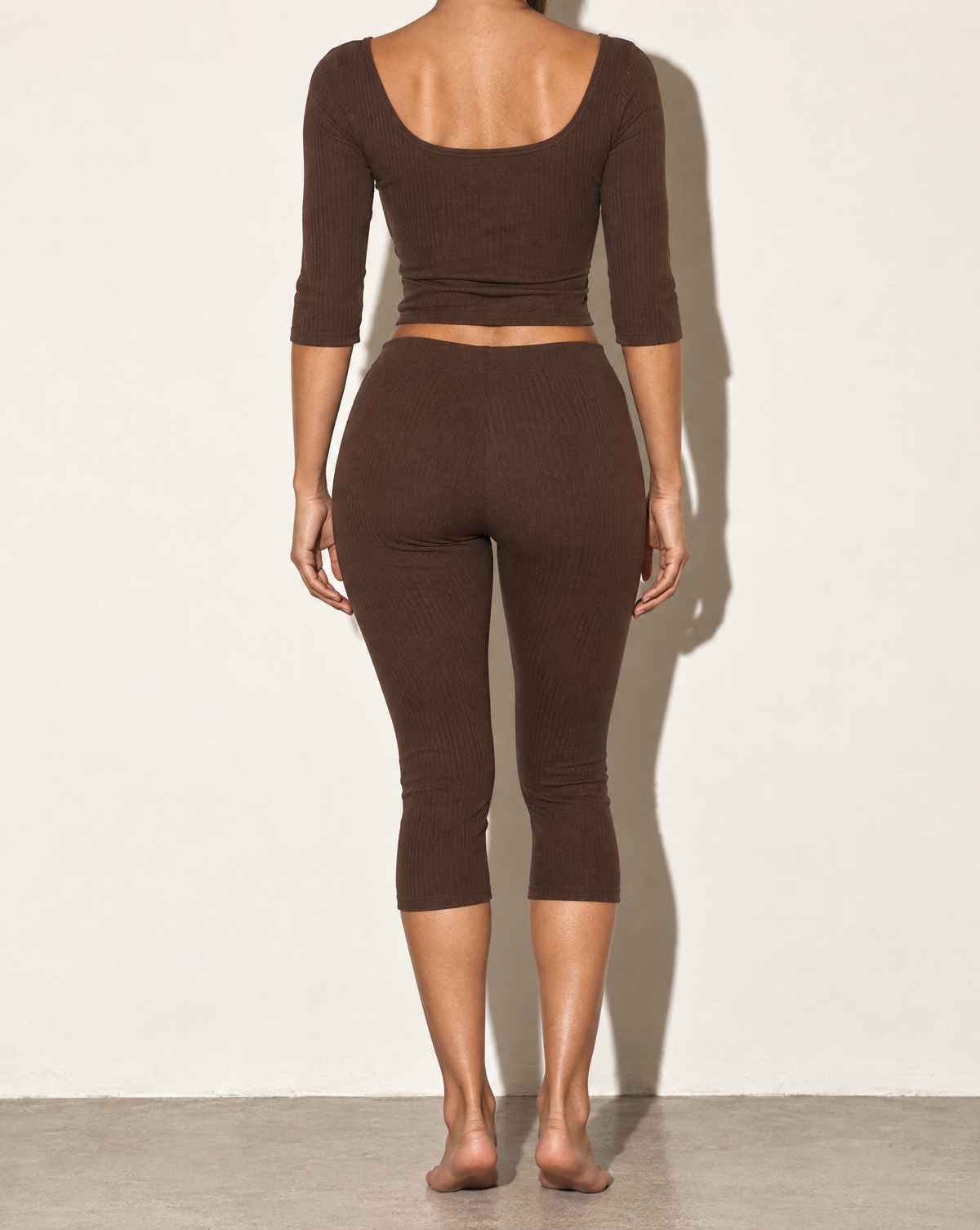 3/4 Sleeves Shoelace Closure Top & Capri Set in Brown — back view