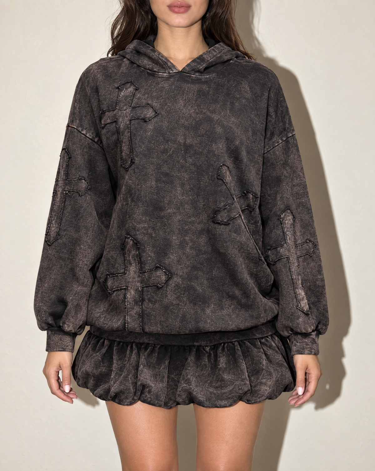 Holy Cross Hoodie & Blessed Bubble Skirt Set in Charcoal — front view