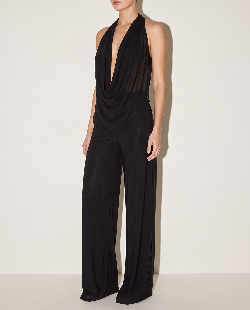 Deep Cowl Neck Sleeveless Top & Pants Set in Black — alternate front view