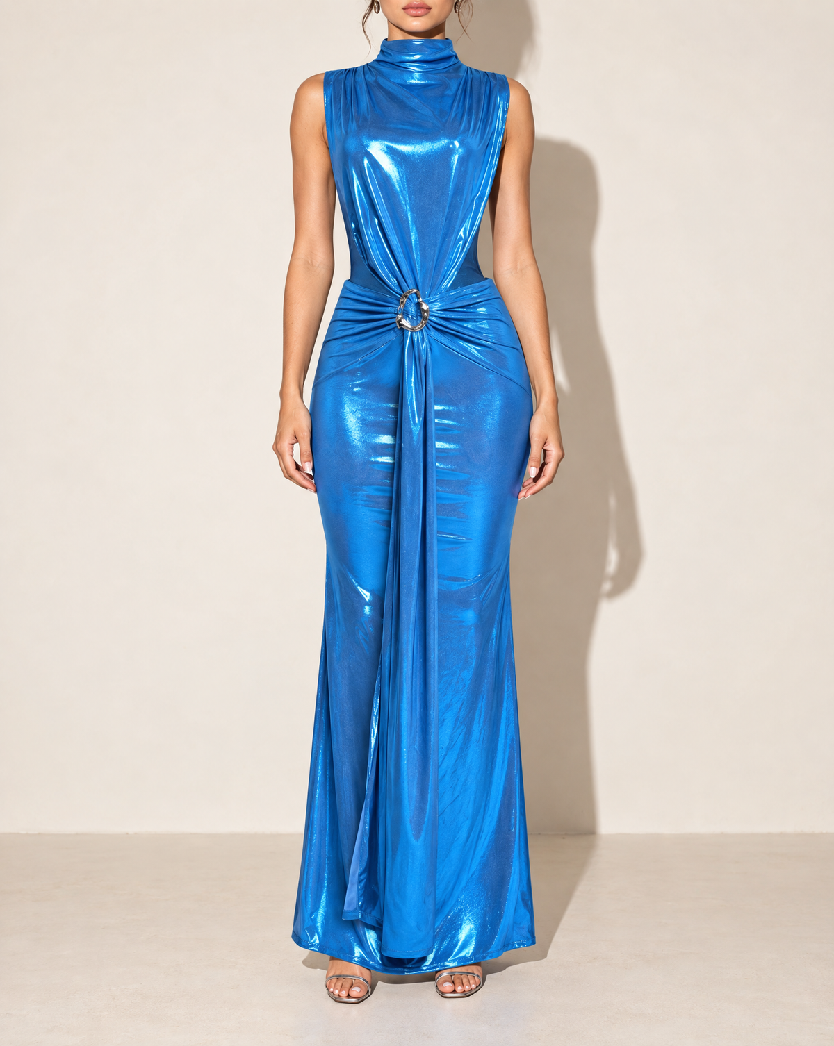 Mock Neck & Tied Waist Dress in TURQUOISE — front view