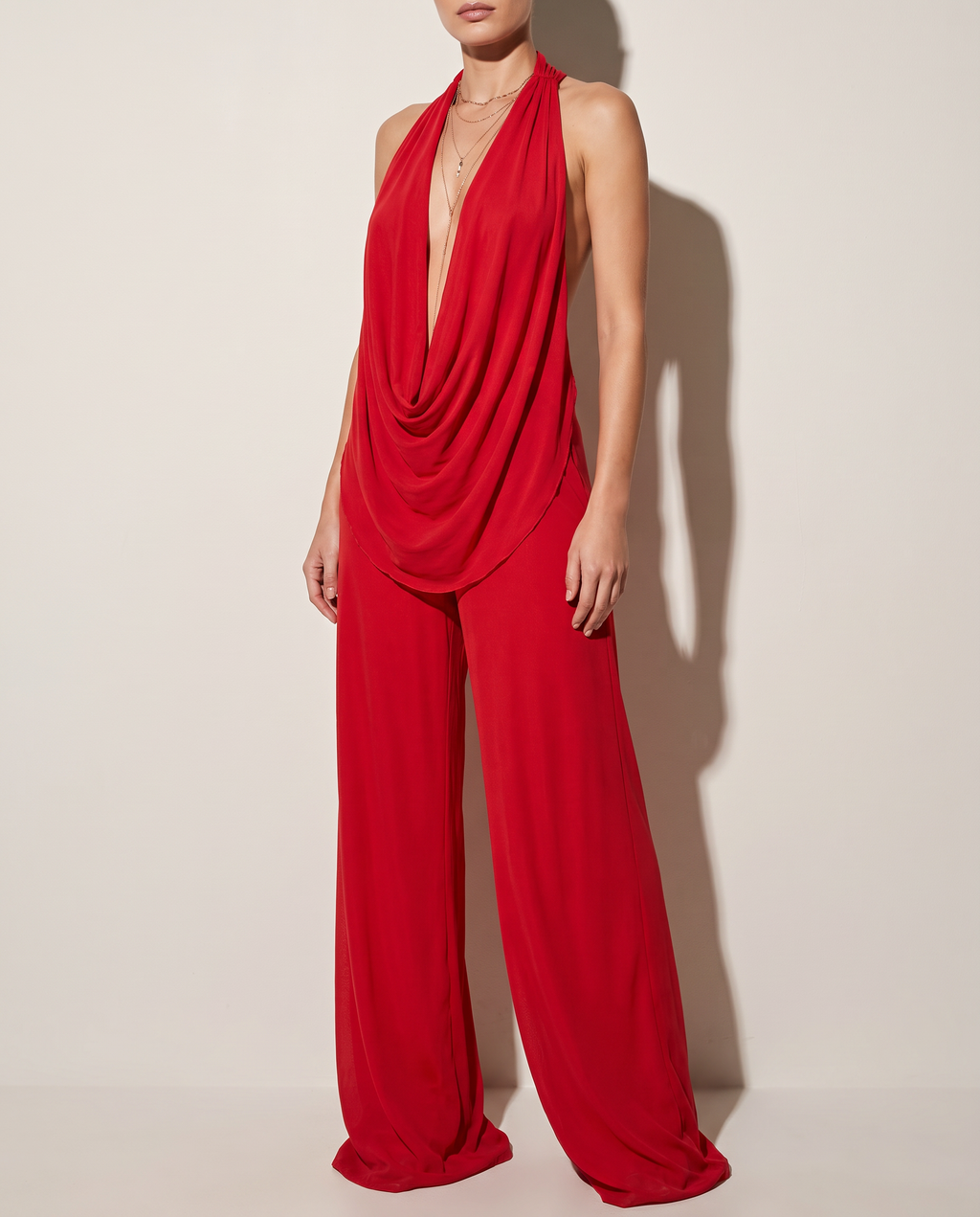 Deep Cowl Neck Sleeveless Top & Pants Set in Red — alternate front view