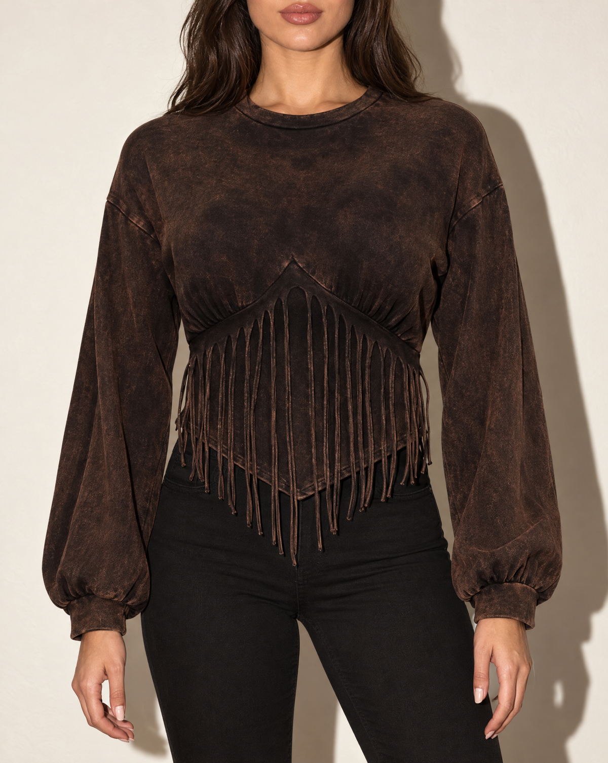 Washed Fringe Detailed Bubble Sleeve Top in DK BROWN — front view
