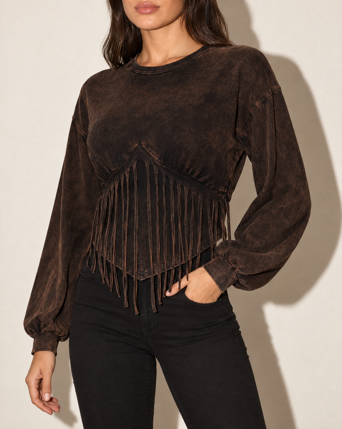 Washed Fringe Detailed Bubble Sleeve Top in DK BROWN — alternate front view