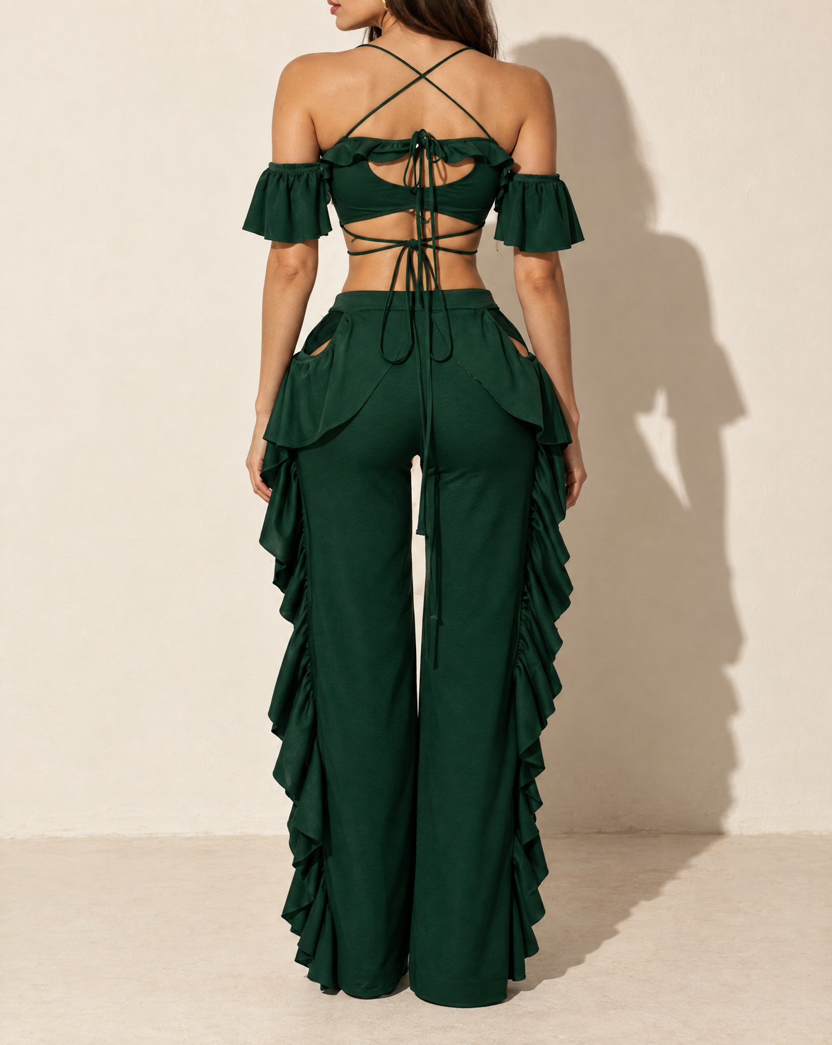Ruffled Top W Corset Lace & Pant Set in Hunter Green — back view