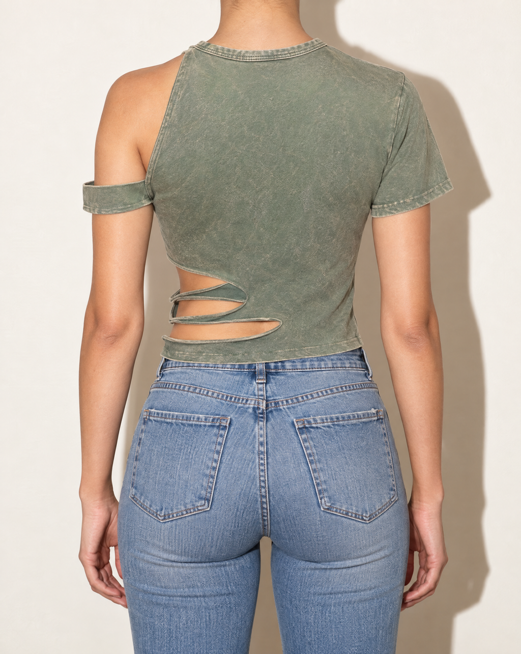 Cutout Detailed Washed T Shirt in Olive — back view