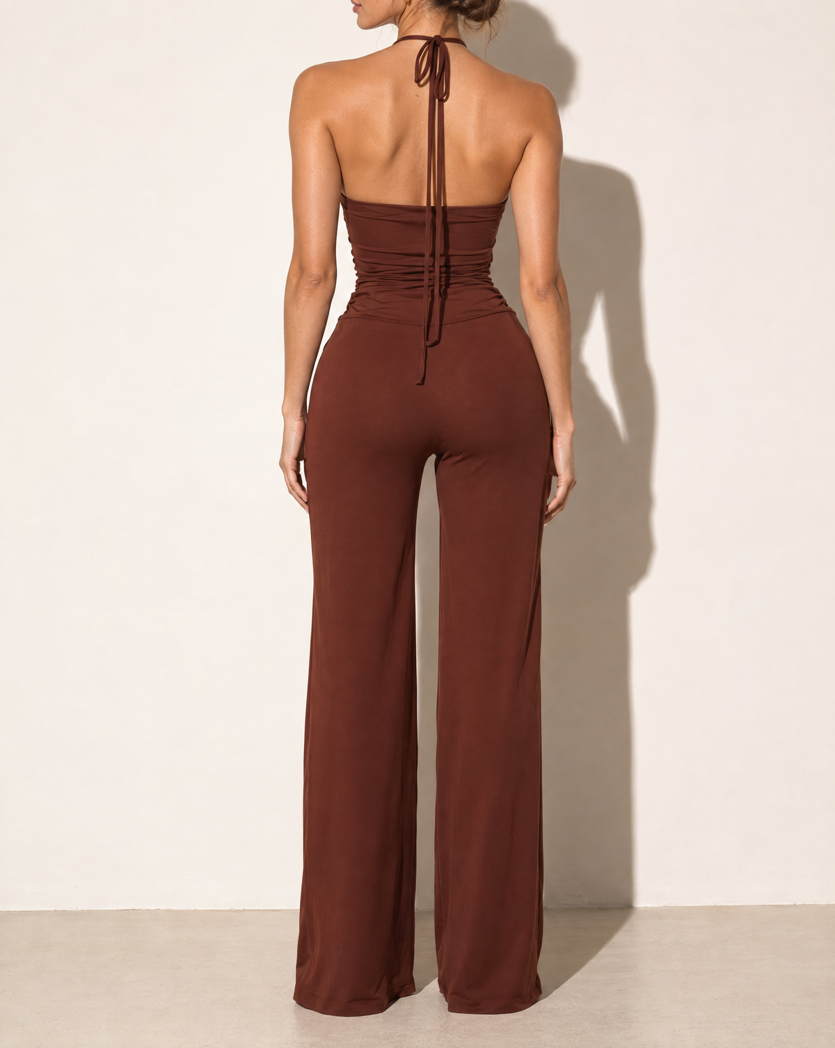 Strap Halter Neck Wide Leg Jumpsuit in Chocolate — back view