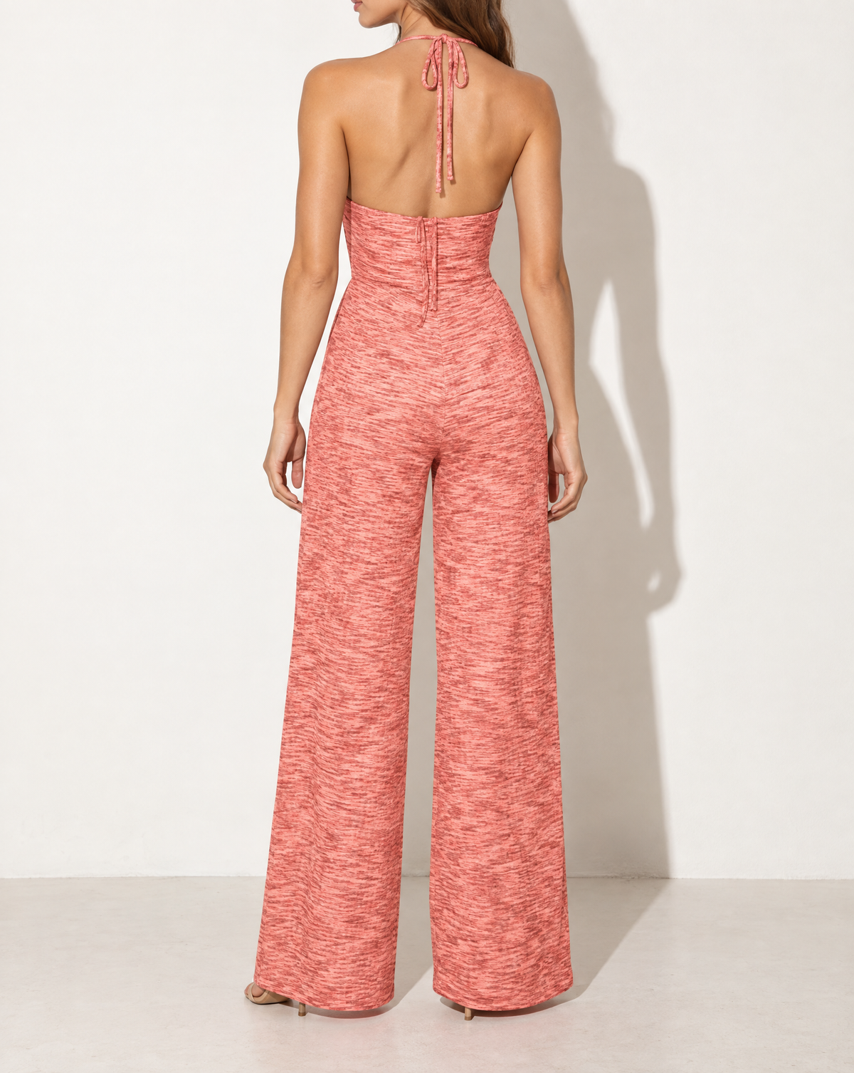 Cut Out Front Halter Neck Wide Leg Jumpsuit in Coral — back view