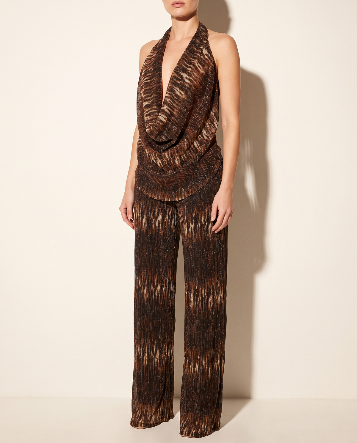 Deep Cowl Neck Sleeveless Top & Pants Set in BROWN COMBO — alternate front view