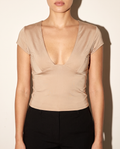 Cap Sleeve V Neck Top in Mocha — front view