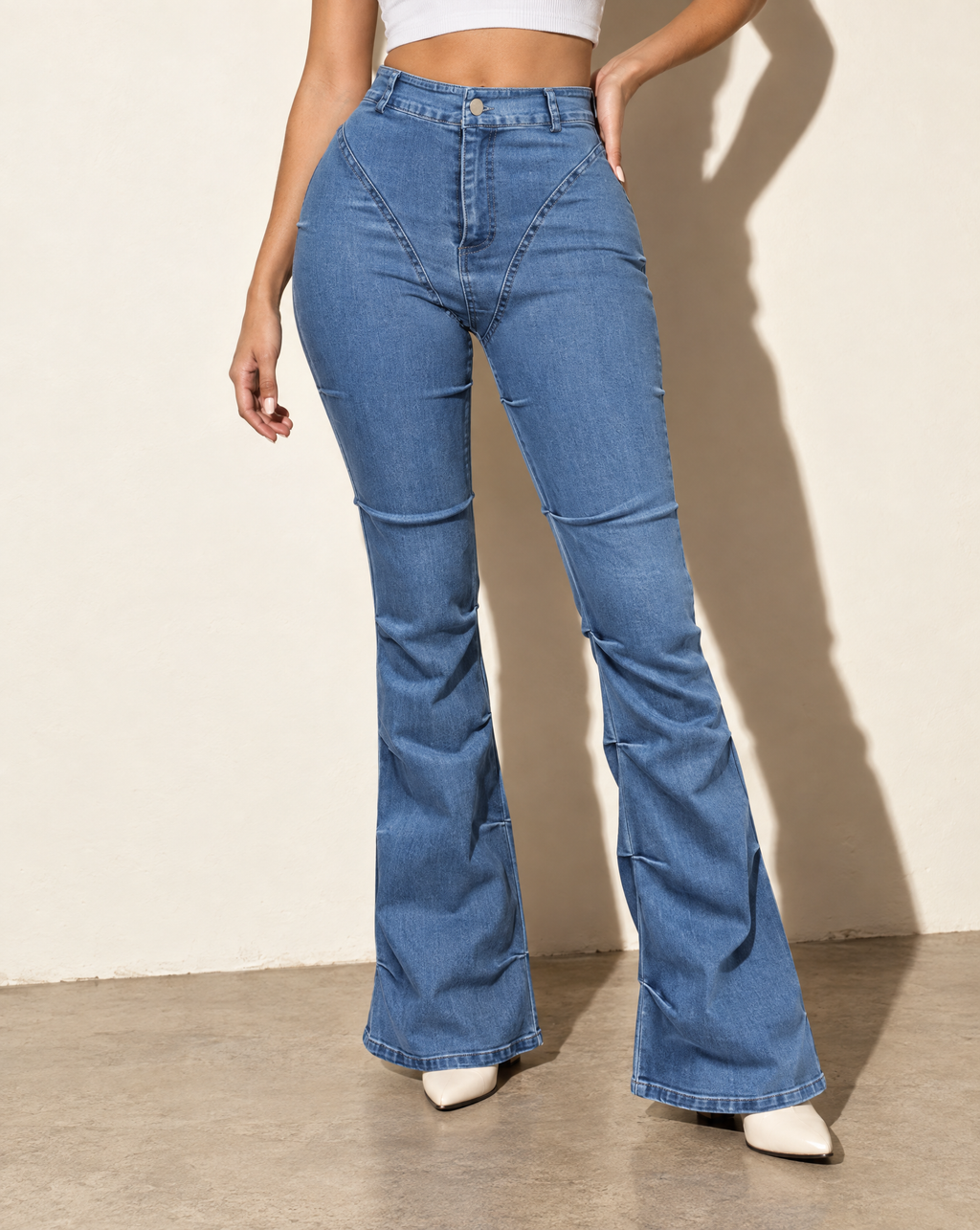 Pinched Bell Bottom Denim Pants in DENIM — alternate front view