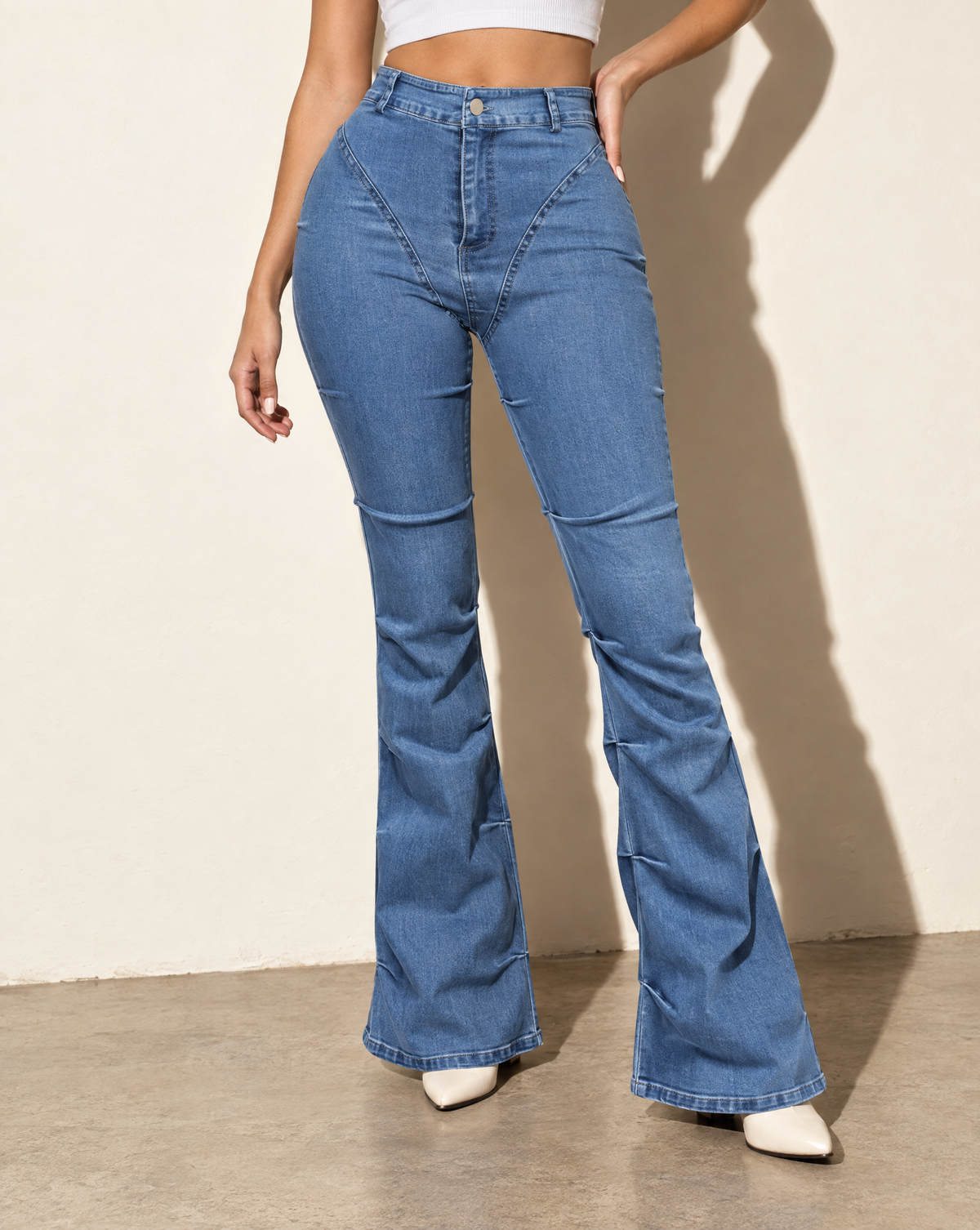 Pinched Bell Bottom Denim Pants in DENIM — alternate front view