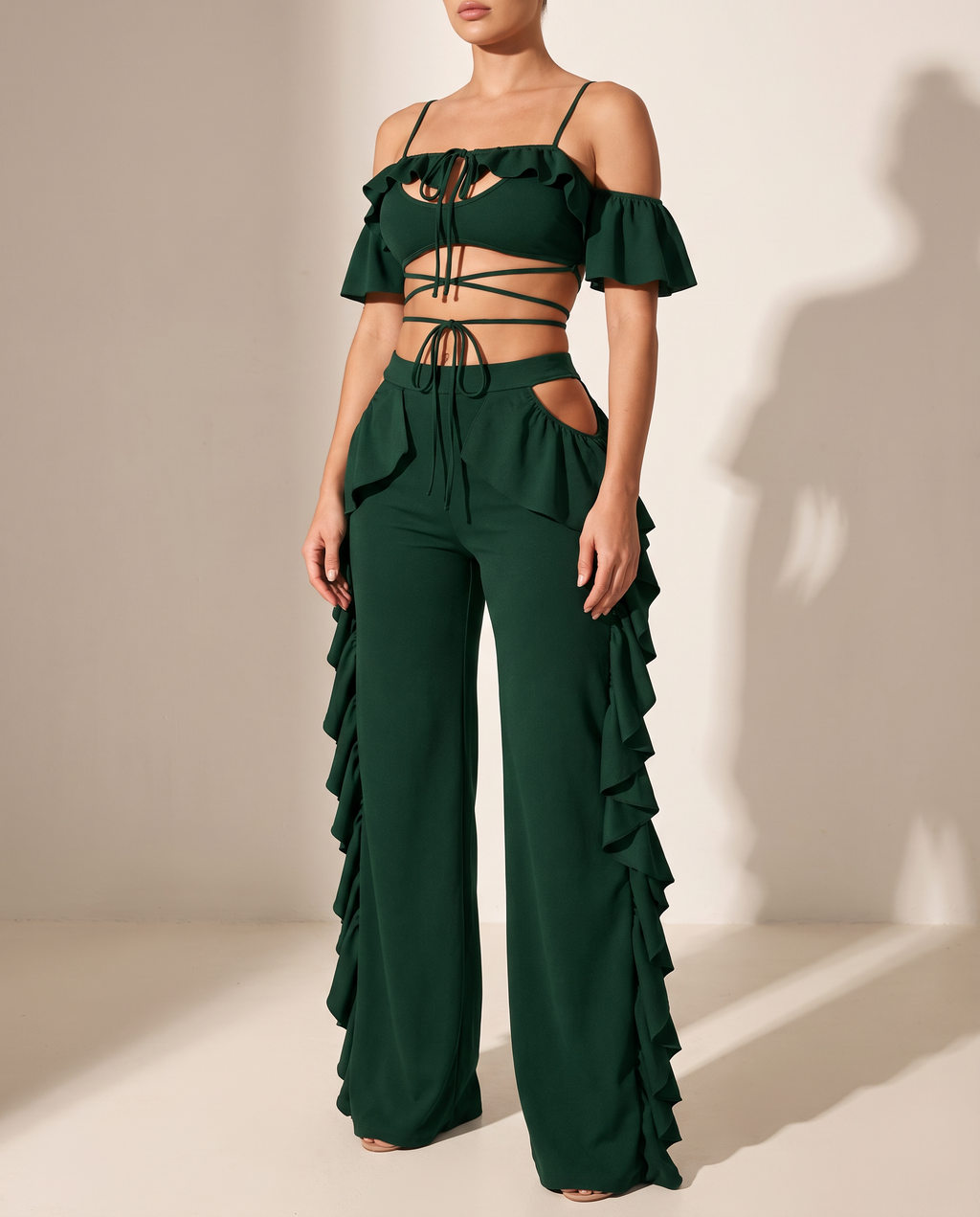 Ruffled Top W Corset Lace & Pant Set in Hunter Green — alternate front view