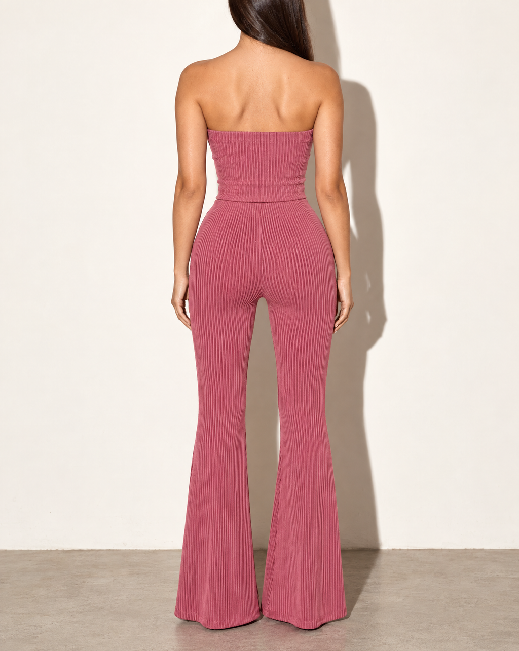 Rib Tube Top & Long Pants Set in MAUVE DK — back view
