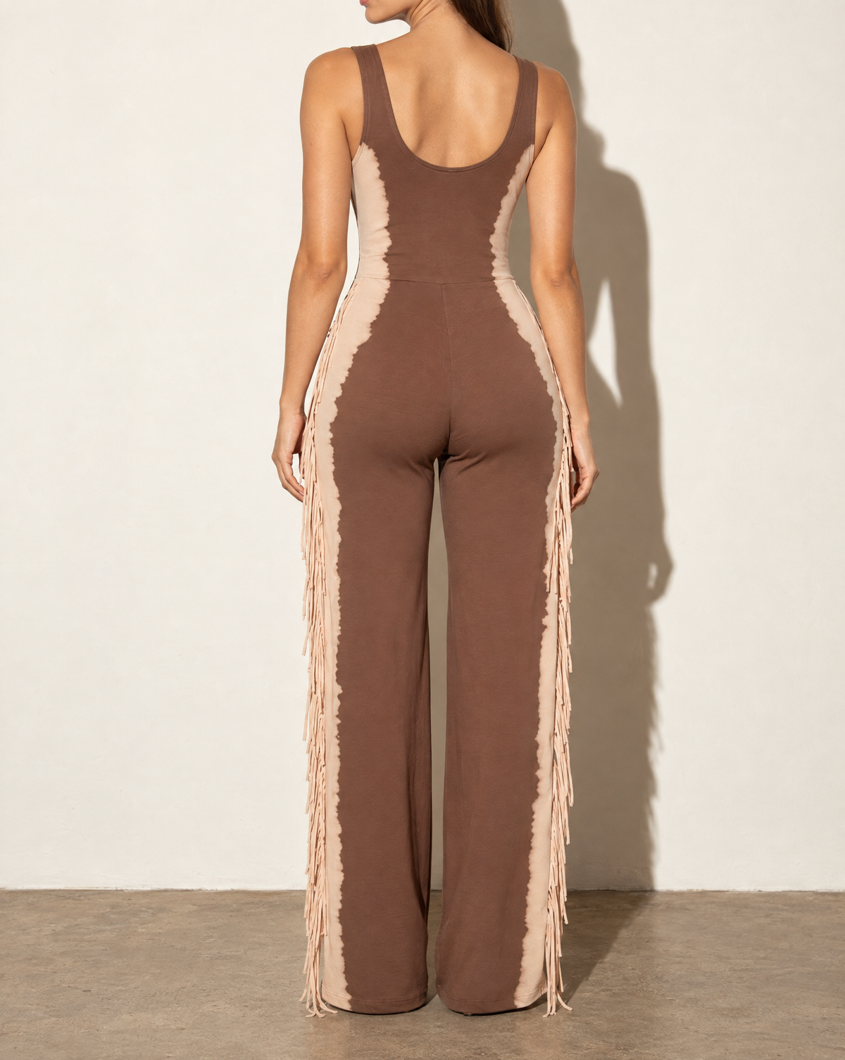 Bleached Two Tone Colorway Jumpsuit in TAUPE/BROWN — back view