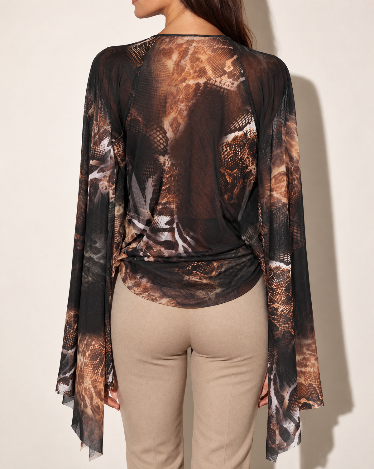 Printed Deep Cowl Neck Top With Slit Open Sleeves in BLACK COMBO — back view