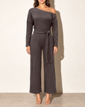 Off Shoulder Long Sleeve Top & Pants Set in Brown — front view