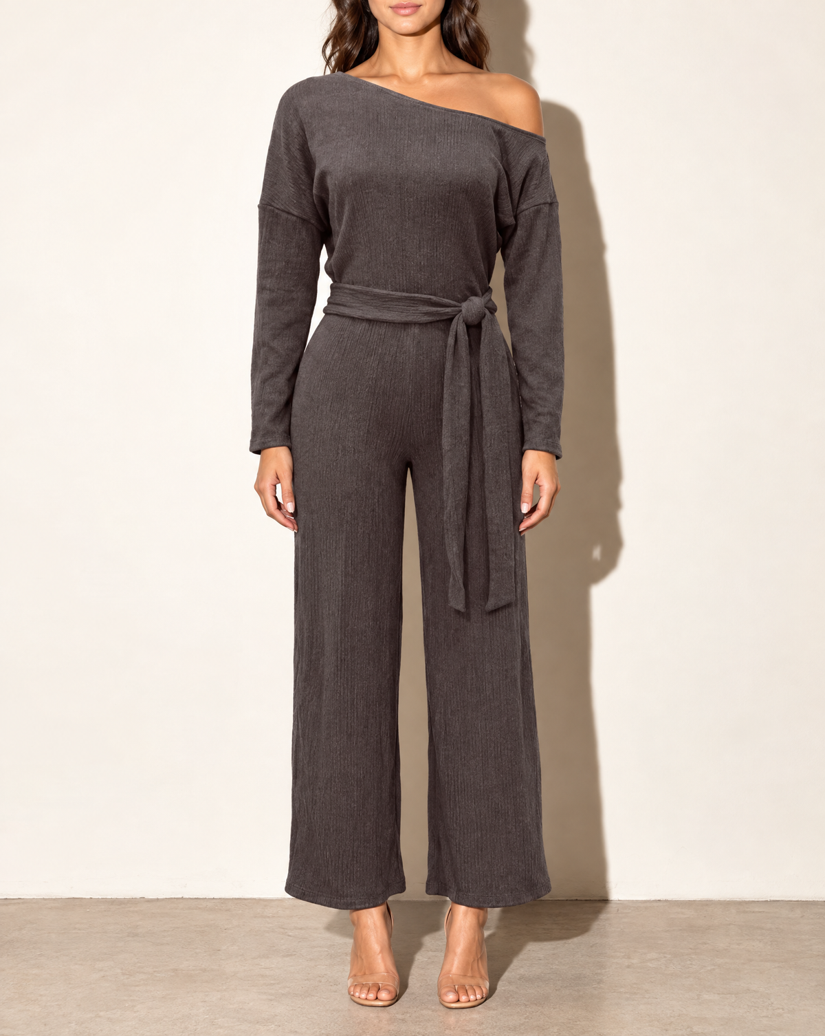 Off Shoulder Long Sleeve Top & Pants Set in Brown — front view