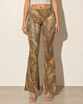 Foiled Animal Printed Slightly Flare Pants in CAMEL/JADE — front view