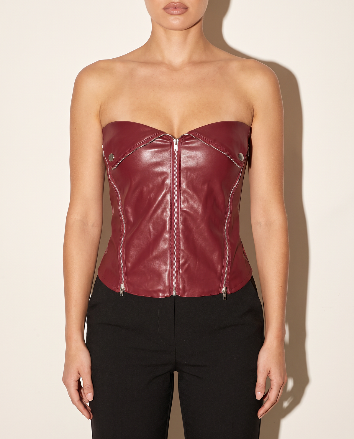 Zipper Closure PU Tube Top in Burgundy — front view
