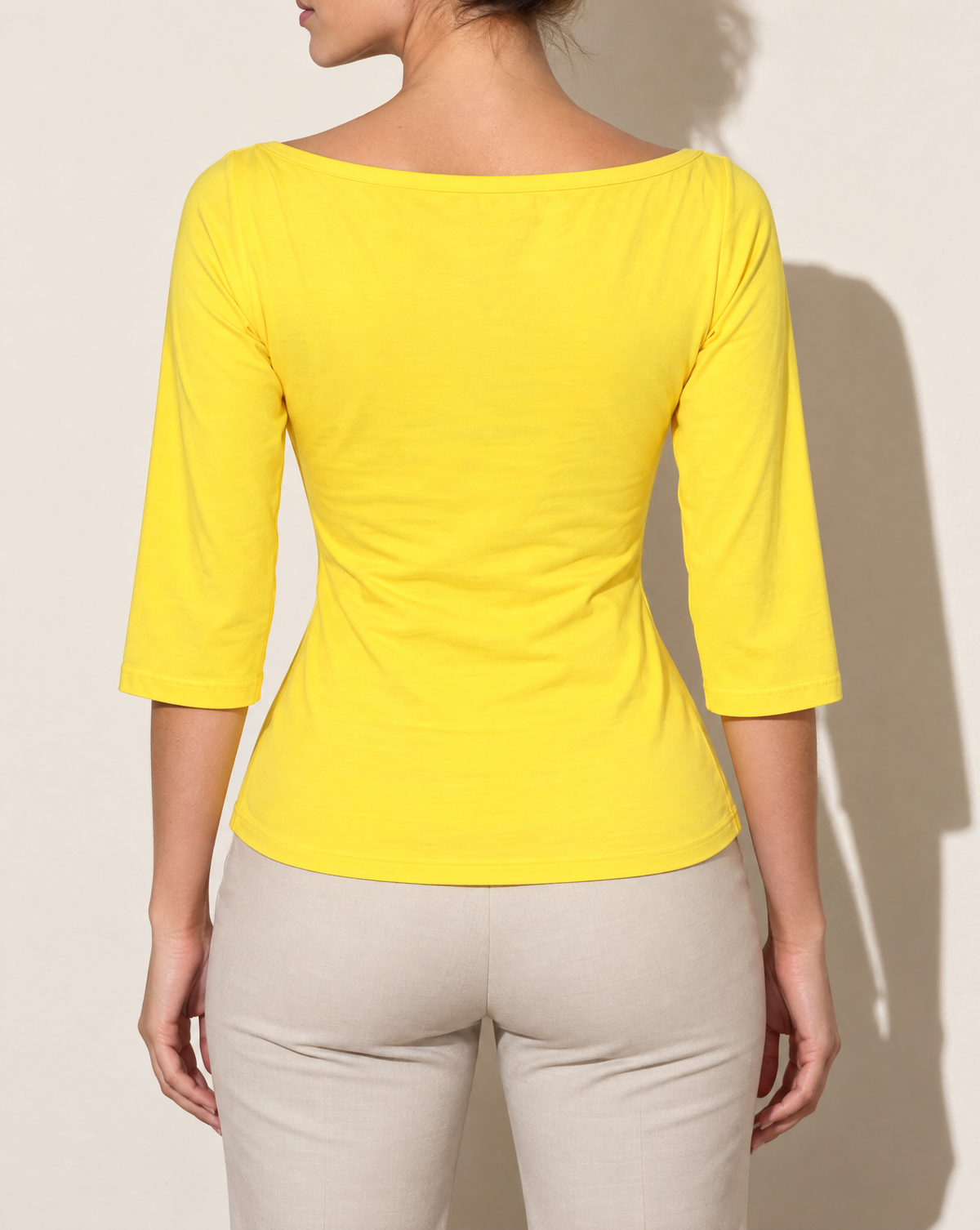 Boat Neck Three-Quarter Sleeve Top in Yellow — back view