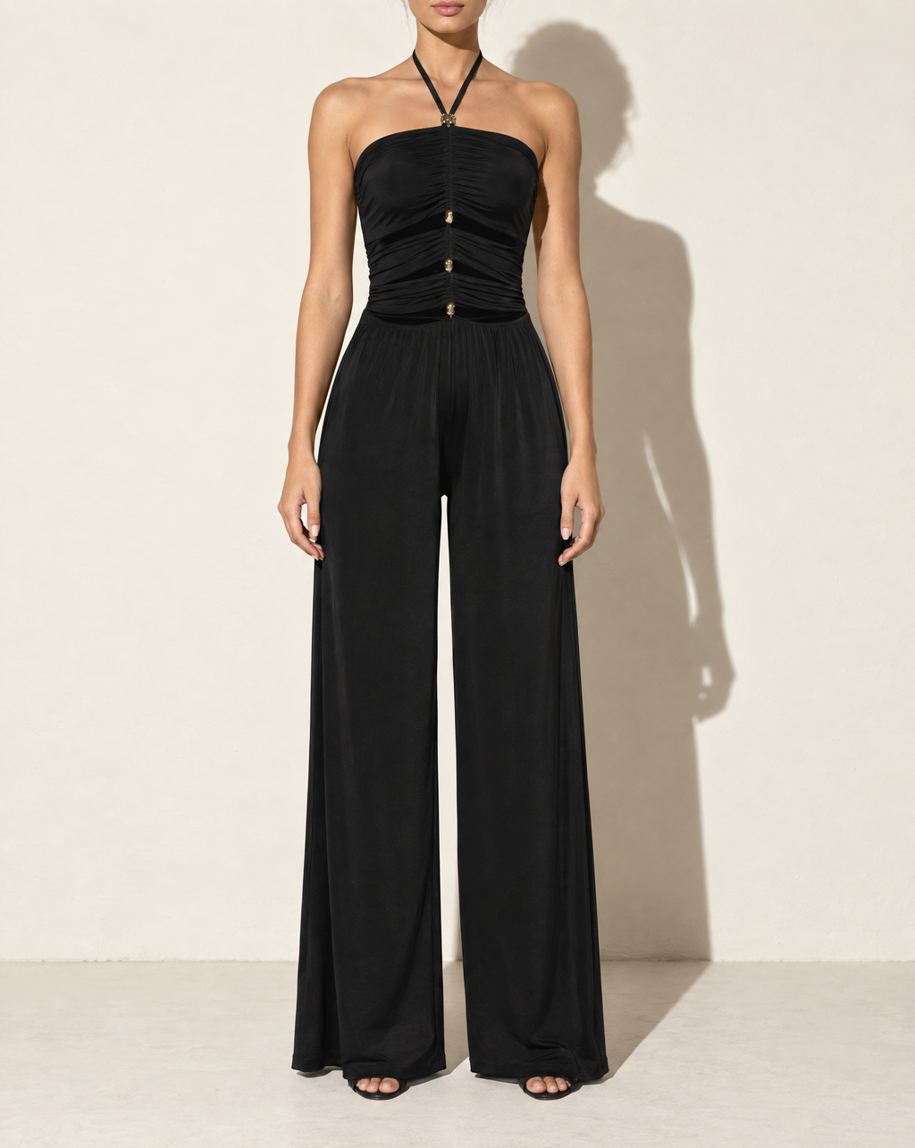 Cutout Front Wide Leg Jumpsuit in Black — front view