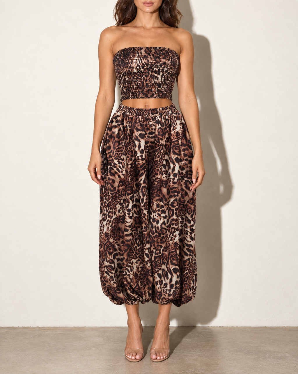 Leopard Smocked Tube Top & Bell Bottom Pants Set in Leopard — front view