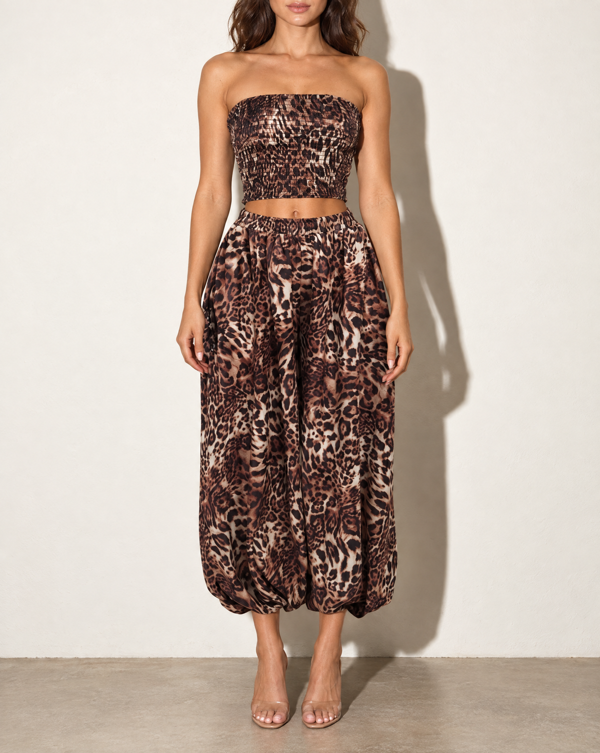 Leopard Smocked Tube Top & Bell Bottom Pants Set in Leopard — front view