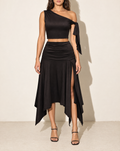 One Shoulder Tied Detailed Skirt Set in Black — front view