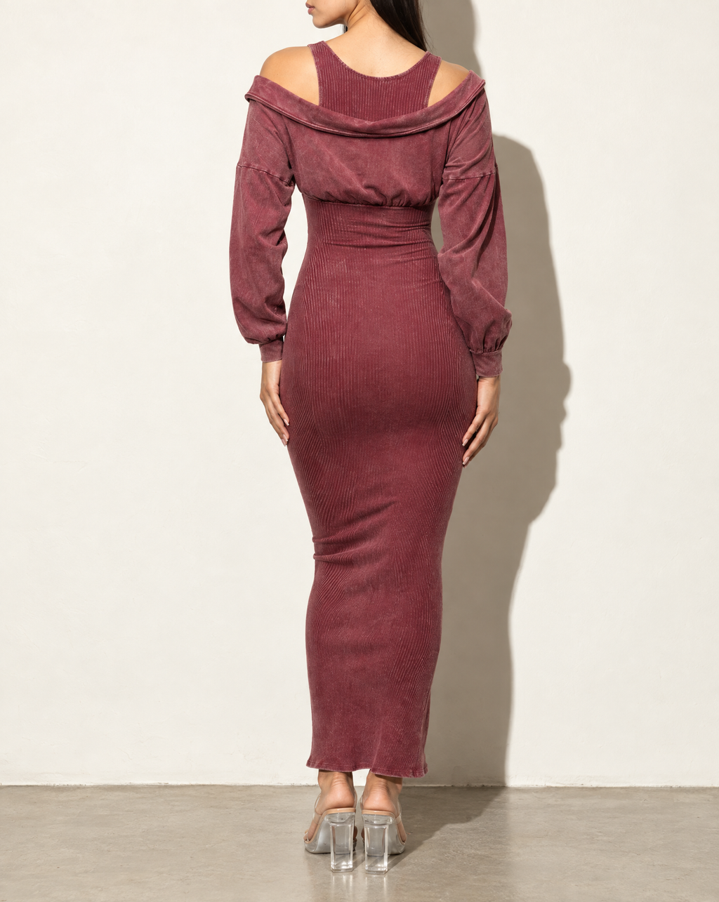 Mineral Washed Long Sleeve Maxi Dress in Burgundy — back view
