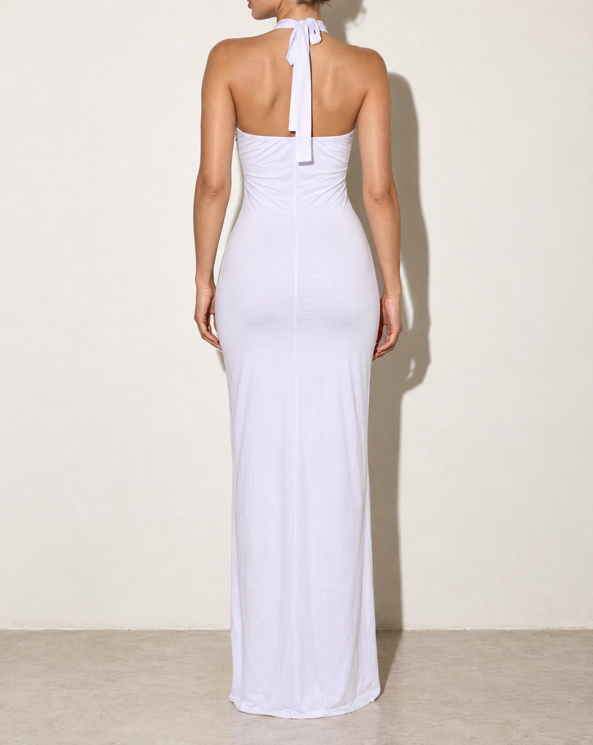 Open Mid Halter Maxi Dress With Seashell Trim in White — back view