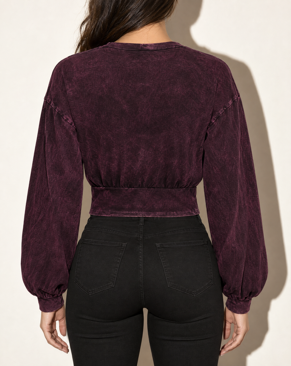 Washed Fringe Detailed Bubble Sleeve Top in DK FUSCHIA — back view
