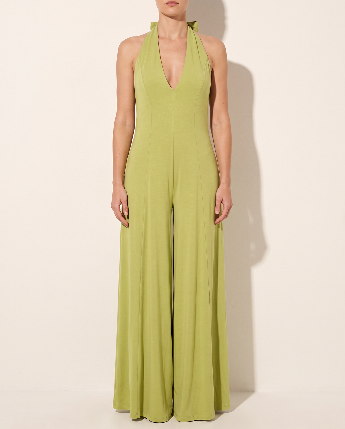 Wide Leg Halter Jumpsuit in AVOCADO — front view