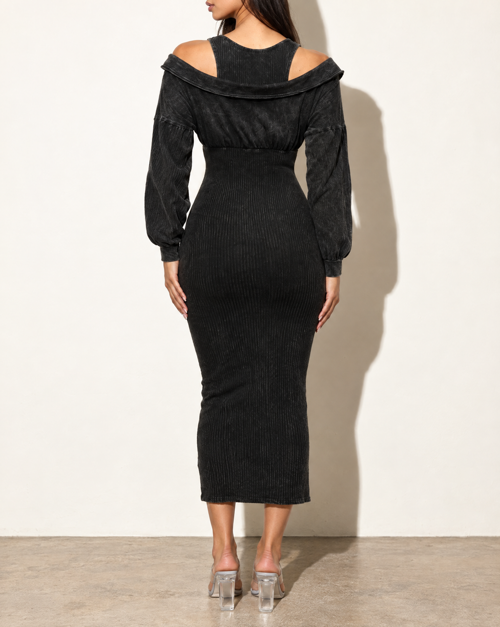 Mineral Washed Long Sleeve Maxi Dress in Black — back view