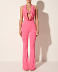 Deep Cowl Neck Halter Jumpsuit in HOT PINK — front view