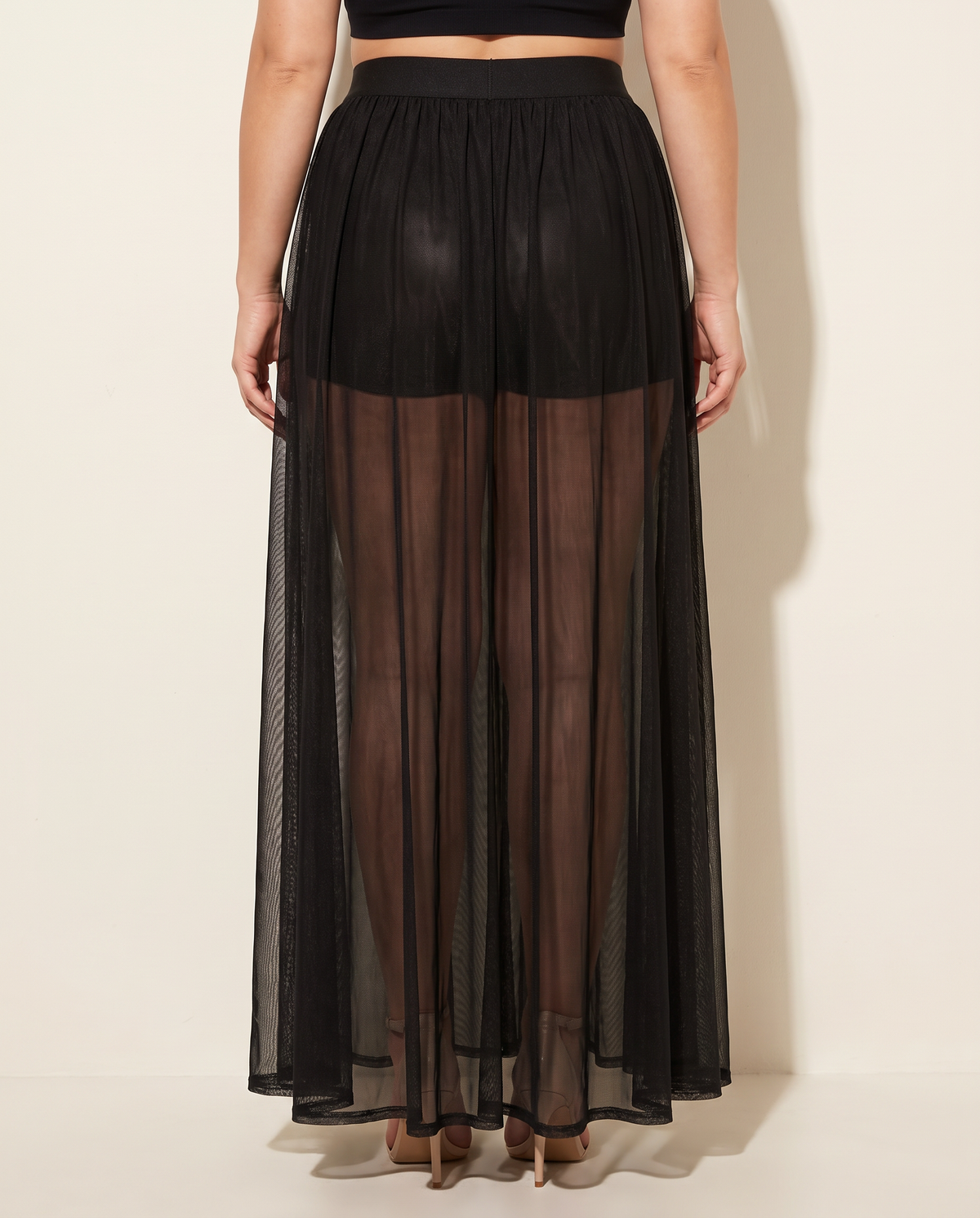 Sheer Mesh Maxi Skirt With Shorts Lining in Black — back view