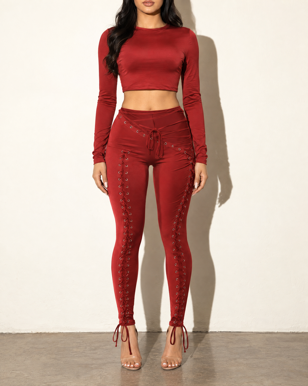 Lace Up Detailed Pants & Top Set in Burgundy — front view