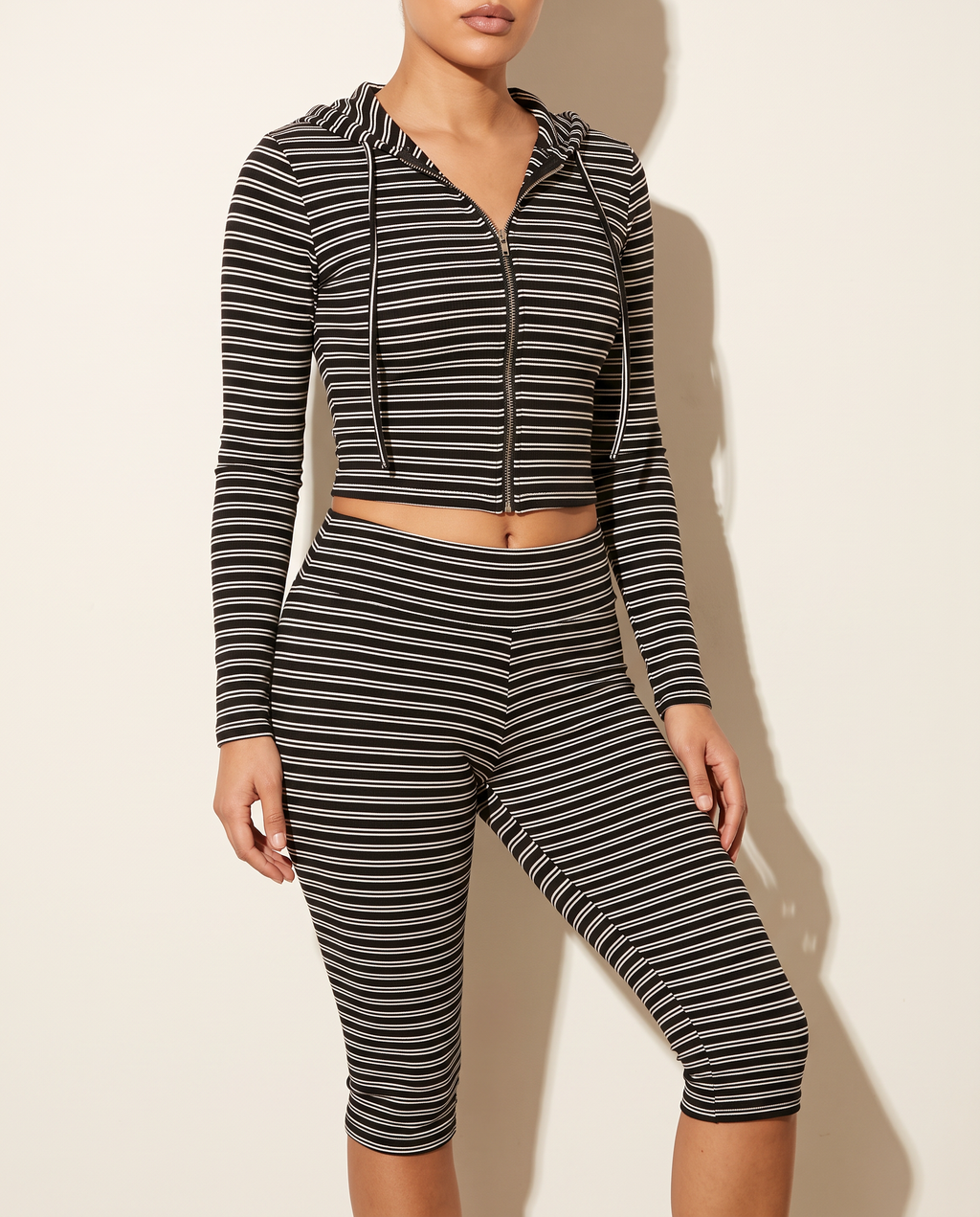 Zipper Closure Hoodie Jacket & Capri Leggings Set in Black — alternate front view