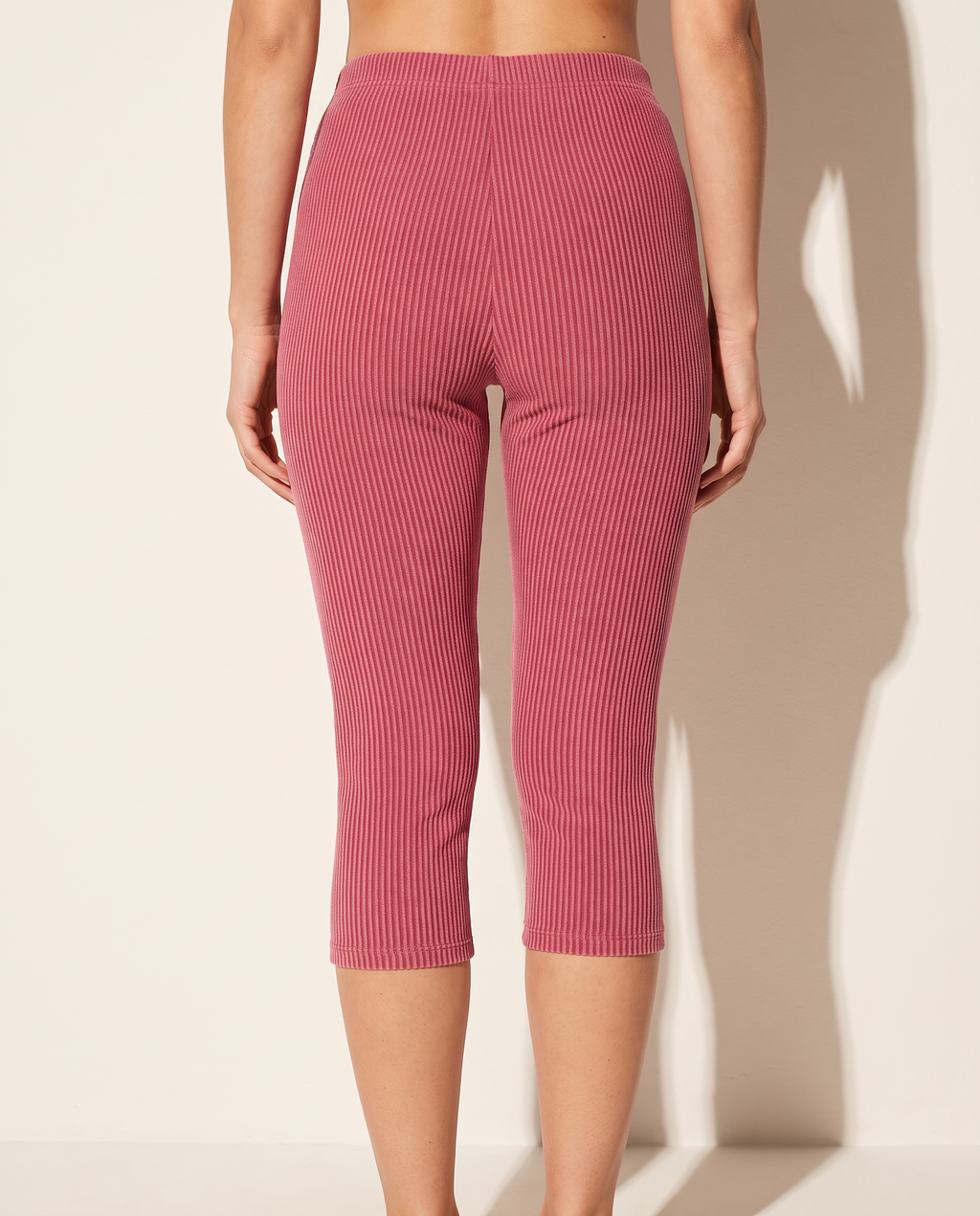 Noodle Rib Fabric Capri Leggings in Magenta — back view