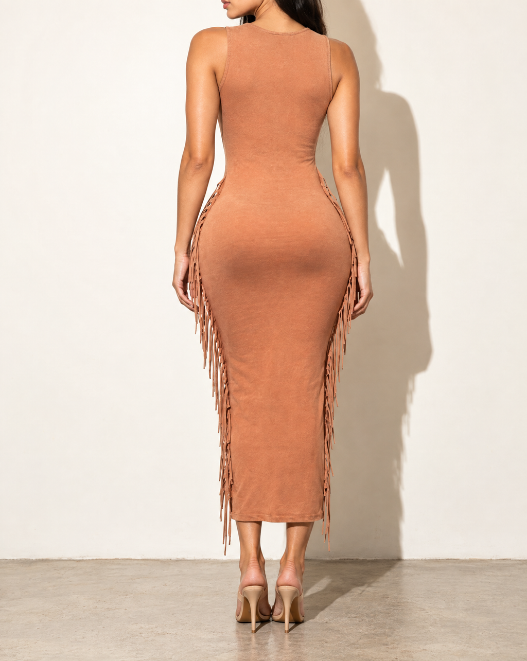 Fringe Cut Out Maxi Dress in Camel — back view