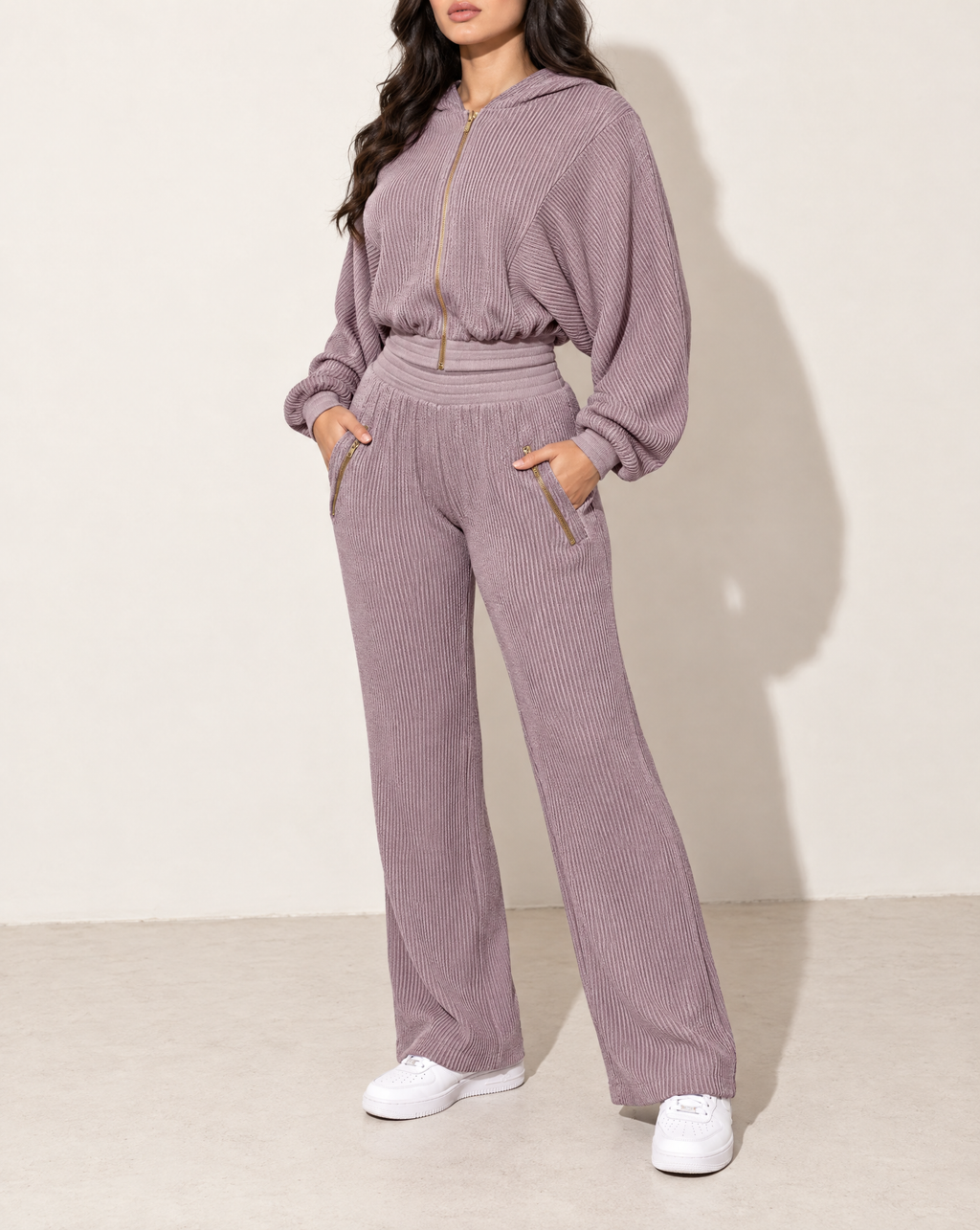 Zipper Closure Hoodie Jacket & Pants Set in Lavender — alternate front view