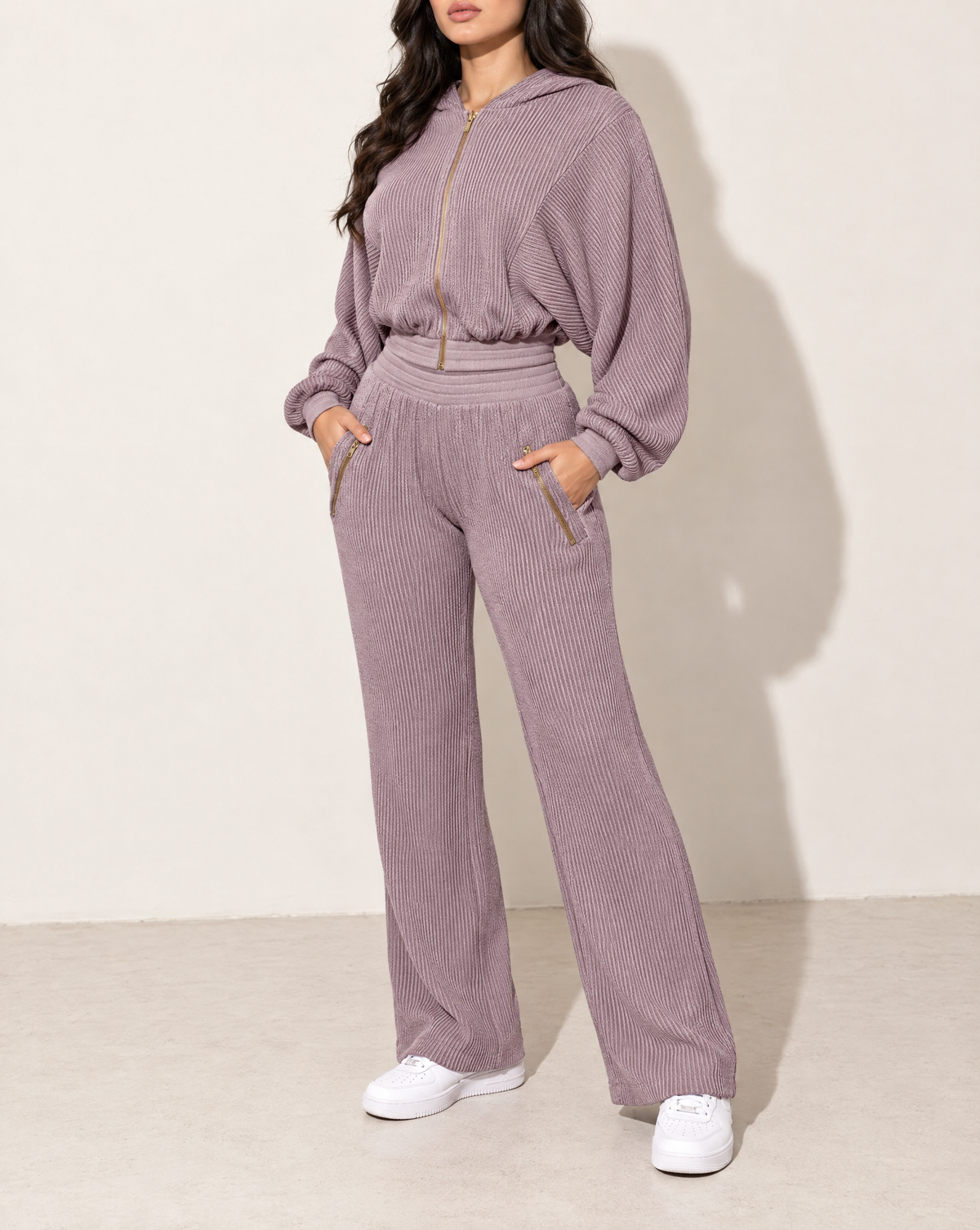 Zipper Closure Hoodie Jacket & Pants Set in Lavender — alternate front view