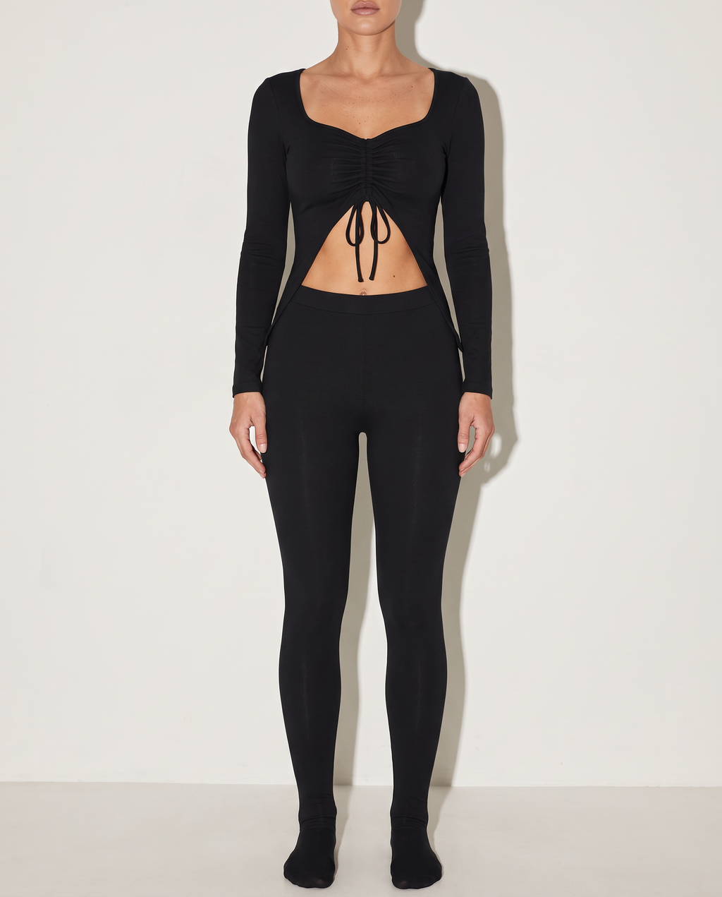 Ruched Drawstring Top Set in Black — front view