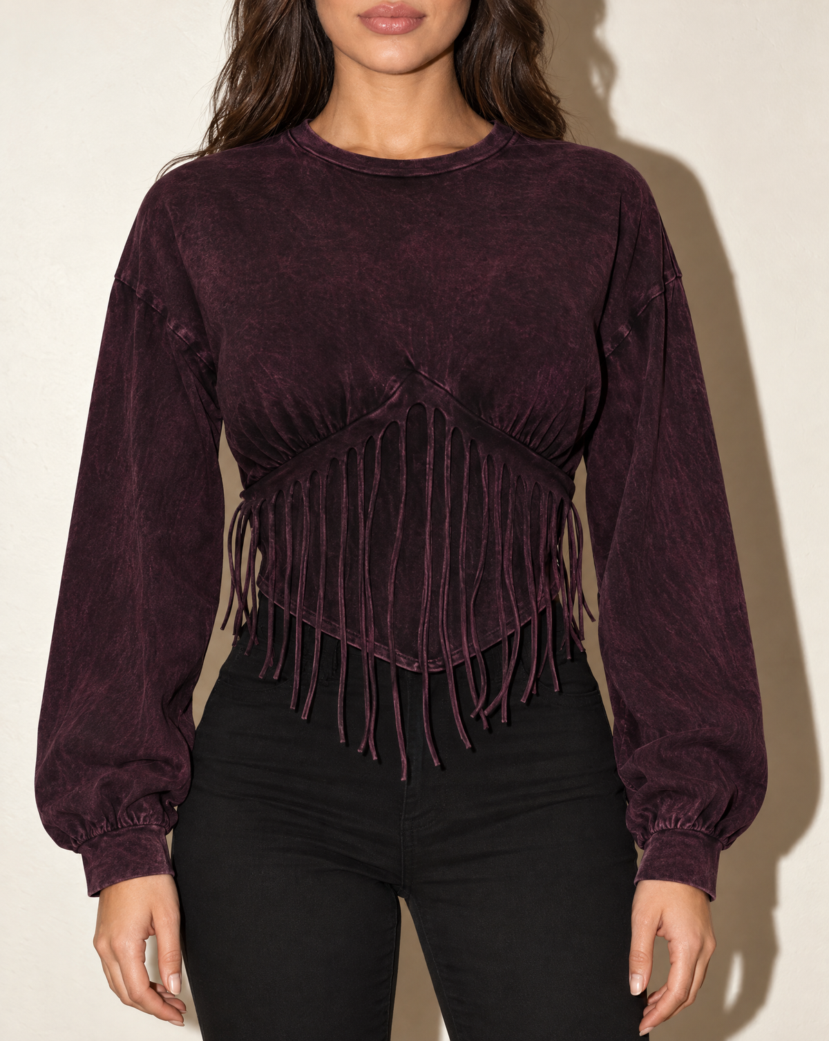 Washed Fringe Detailed Bubble Sleeve Top in DK FUSCHIA — front view