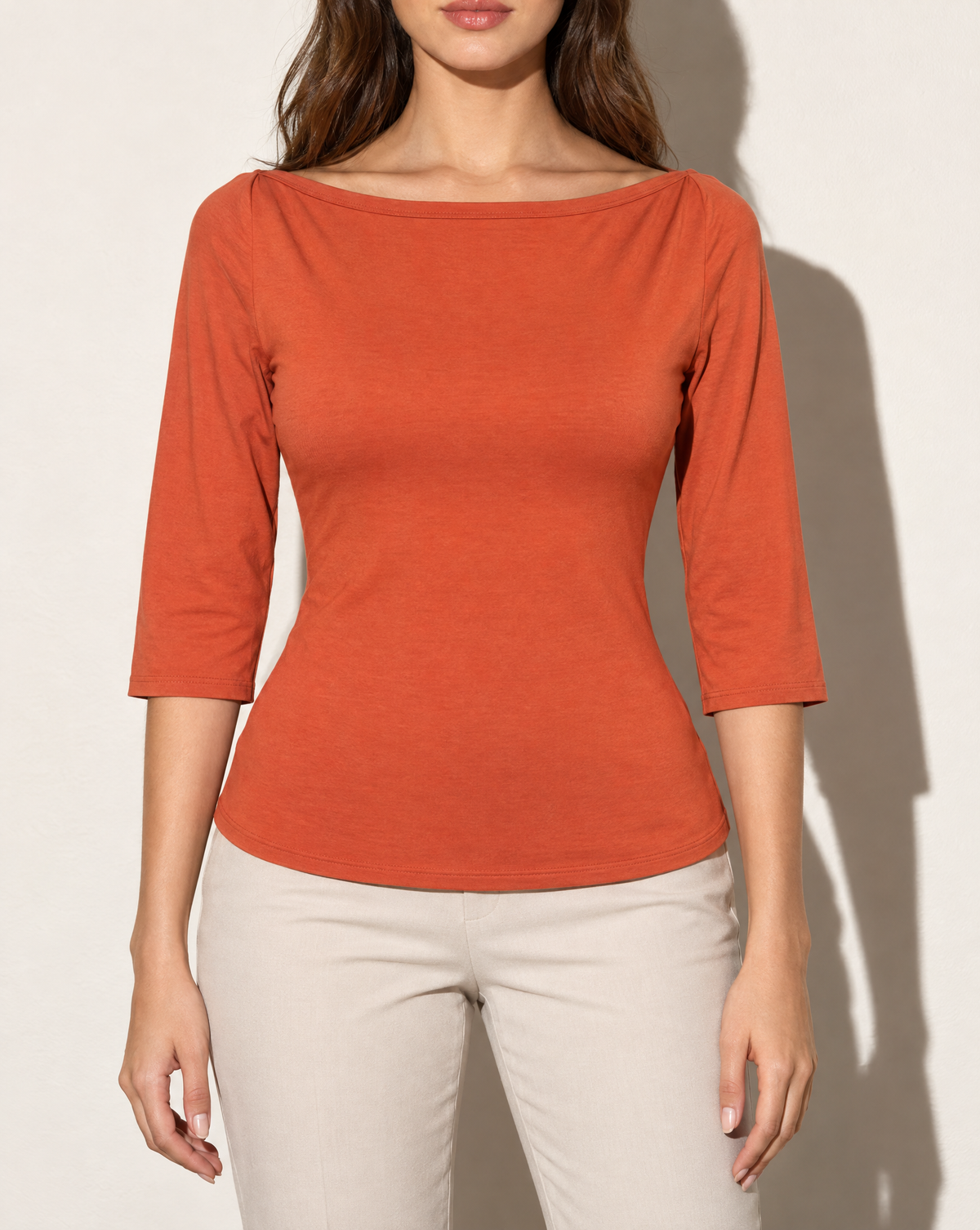 Boat Neck Three-Quarter Sleeve Top in Rust — front view