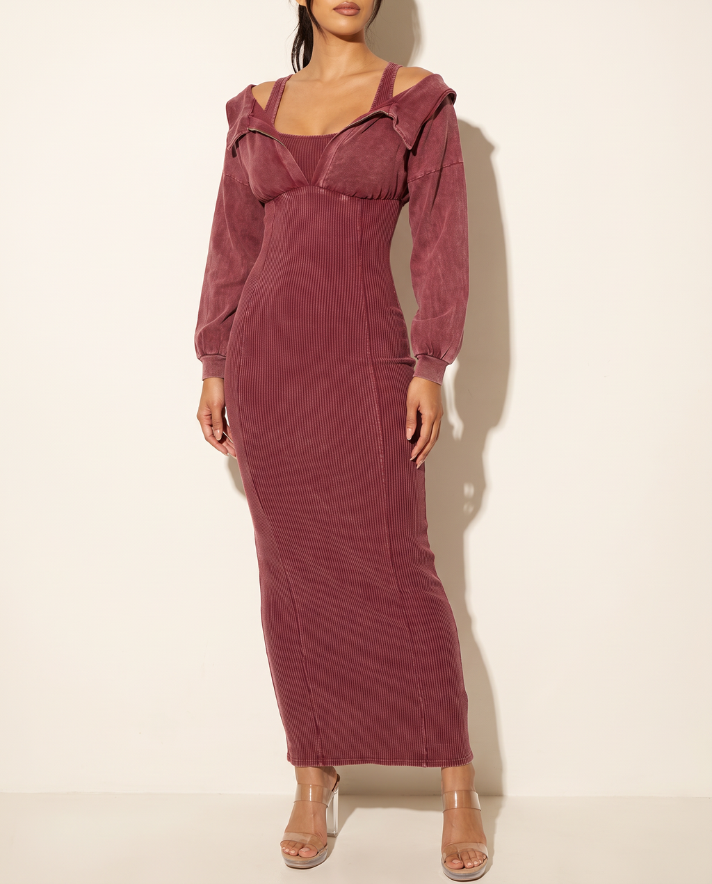 Mineral Washed Long Sleeve Maxi Dress in Burgundy — alternate front view