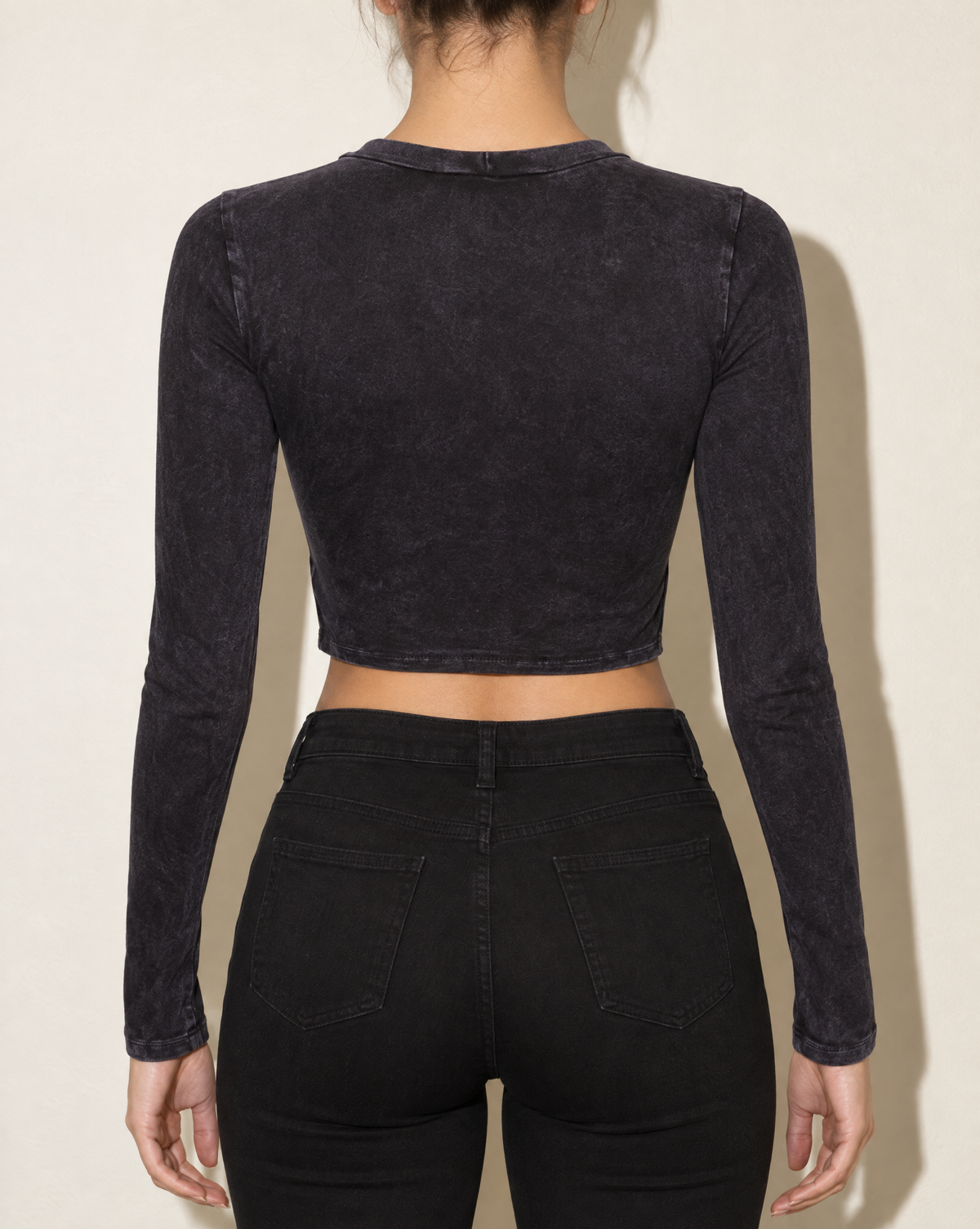 Washed Fringe Front Detailed Long Sleeve Top in DK NAVY — back view