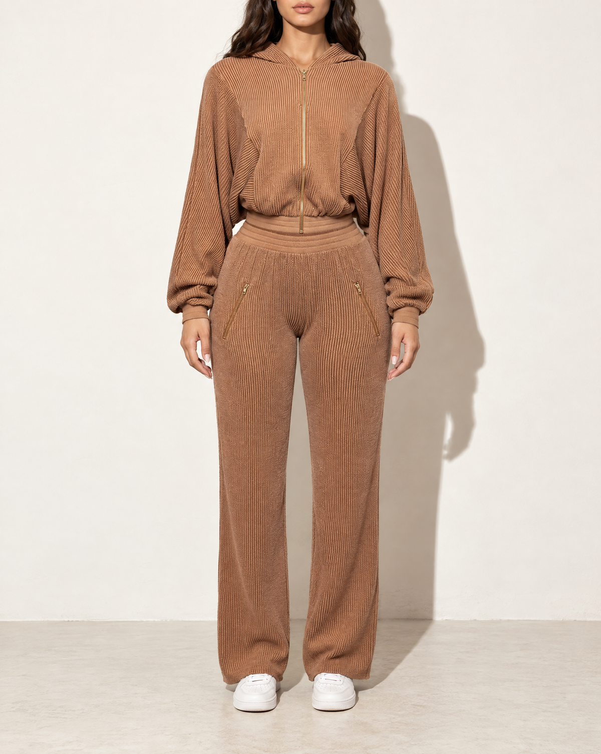 Zipper Closure Hoodie Jacket & Pants Set in CHESTNUT — front view