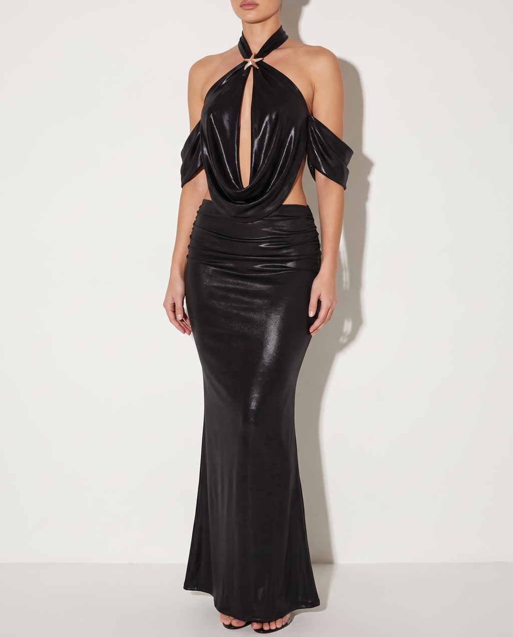 Starfish Trimmed Shimmer Cowl Neck Top With Skirt in Black — alternate front view